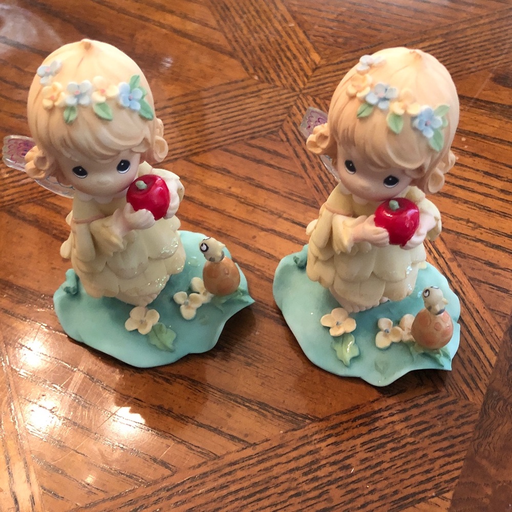 Precious Moments Cream and Blue Girl Figurine Pair Holding Red Apple